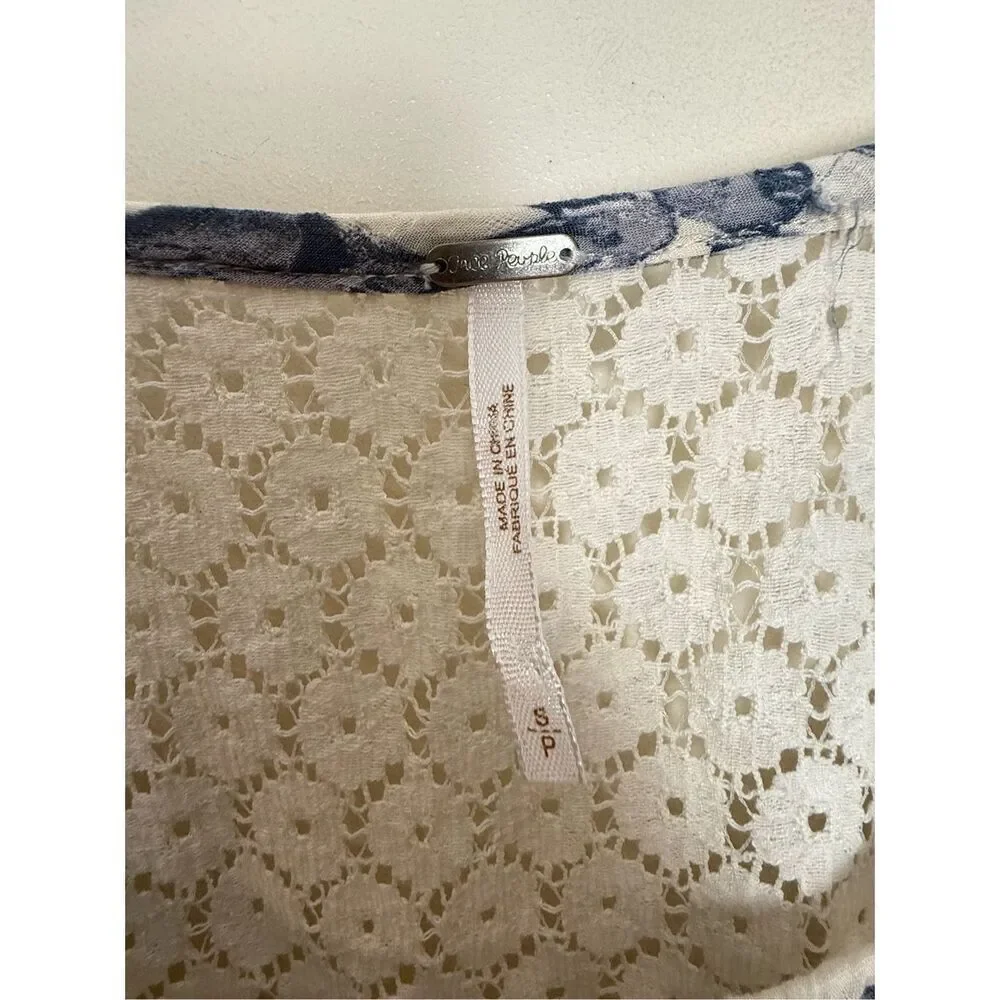 Free People Womens Blouse Blue Moon River White Floral 3/4 Sleeve Tie Lace Small